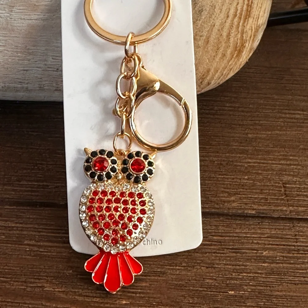 Keychain Red and Gold rhinestone Owl metal